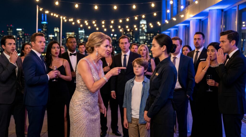 A waitress was publicly humiliated in front of her young son at a luxurious rooftop gala…